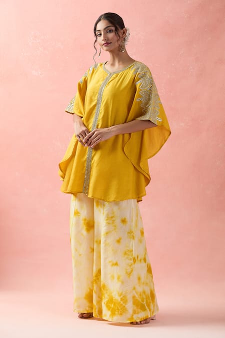 Buy_Samyukta Singhania_Yellow Kota Doria, Silk Embroidery Round Neck Kaftan And Palazzo Set _Online_at_Aza_Fashions