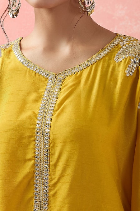 Samyukta Singhania_Yellow Kota Doria, Silk Embroidery Round Neck Kaftan And Palazzo Set _at_Aza_Fashions