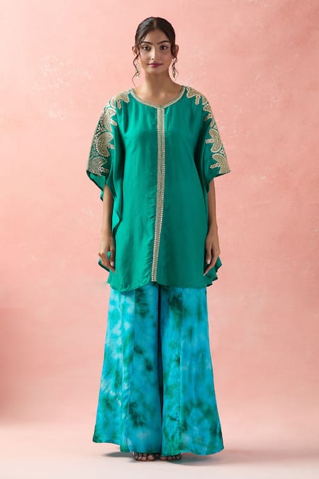 Samyukta Singhania_Blue Kota Doria, Silk Embroidery Round Neck Kaftan And Tye-dye Palazzo _Online_at_Aza_Fashions