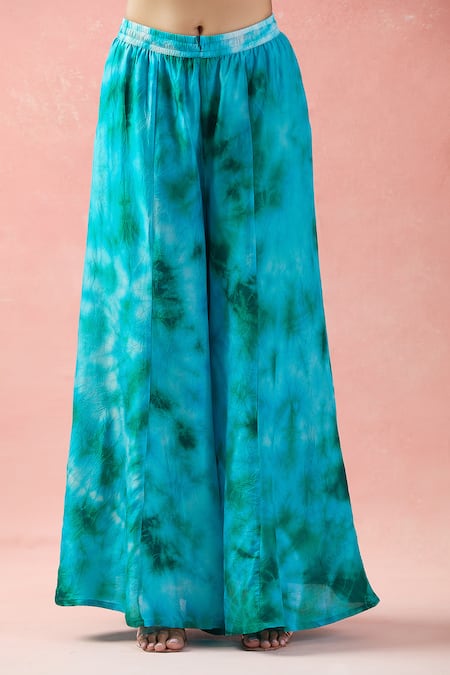 Shop_Samyukta Singhania_Blue Kota Doria, Silk Embroidery Round Neck Kaftan And Tye-dye Palazzo _Online_at_Aza_Fashions