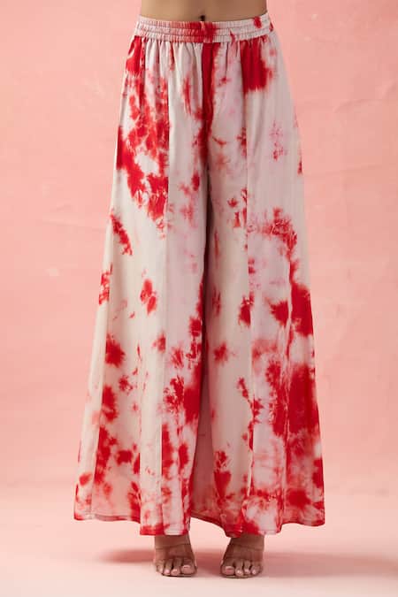 Samyukta Singhania Red Kota Doria, Silk Embroidery Round Neck Kaftan And Tye-dye Palazzo Online at Aza Fashions Samyukta Singhania_Red Kota Doria, Silk Embroidery Round Neck Kaftan And Tye-dye Palazzo _Online_at_Aza_Fashions