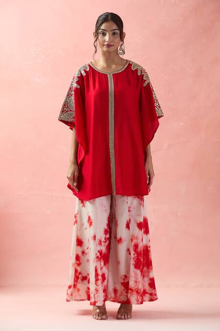 Buy Samyukta Singhania Red Kota Doria, Silk Embroidery Round Neck Kaftan And Tye-dye Palazzo Online at Aza Fashions Buy_Samyukta Singhania_Red Kota Doria, Silk Embroidery Round Neck Kaftan And Tye-dye Palazzo _Online_at_Aza_Fashions