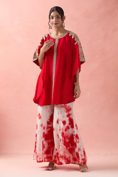 Shop Samyukta Singhania Red Kota Doria, Silk Embroidery Round Neck Kaftan And Tye-dye Palazzo Online at Aza Fashions Shop_Samyukta Singhania_Red Kota Doria, Silk Embroidery Round Neck Kaftan And Tye-dye Palazzo _Online_at_Aza_Fashions