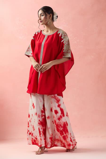 Samyukta Singhania Red Kota Doria, Silk Embroidery Round Neck Kaftan And Tye-dye Palazzo at Aza Fashions Samyukta Singhania_Red Kota Doria, Silk Embroidery Round Neck Kaftan And Tye-dye Palazzo _at_Aza_Fashions