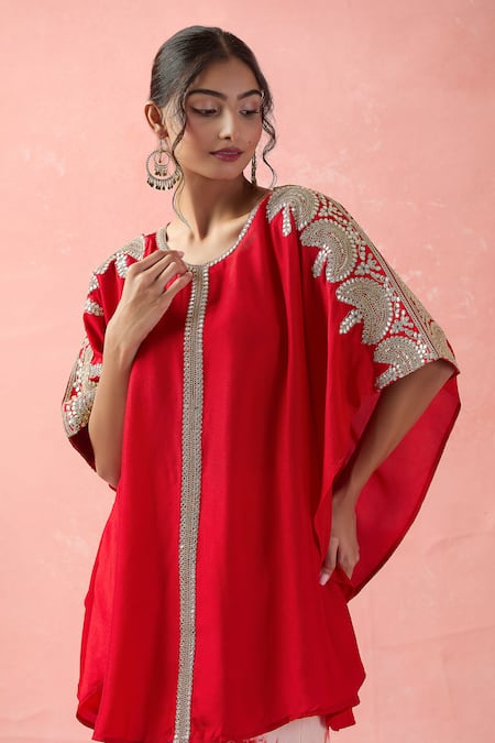 Buy Samyukta Singhania Red Kota Doria, Silk Embroidery Round Neck Kaftan And Tye-dye Palazzo Buy_Samyukta Singhania_Red Kota Doria, Silk Embroidery Round Neck Kaftan And Tye-dye Palazzo
