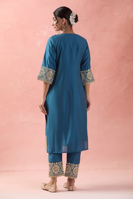 Shop Samyukta Singhania Teal Chanderi Silk, Silk, Organza Sequins, Embroidery Round Dori Kurta Pant Set at Aza Fashions Shop_Samyukta Singhania_Teal Chanderi Silk, Silk, Organza Sequins, Embroidery Round Dori Kurta Pant Set_at_Aza_Fashions