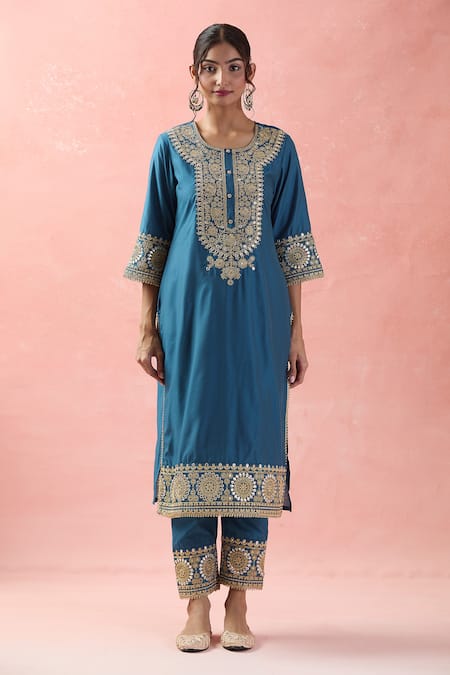 Samyukta Singhania Teal Chanderi Silk, Silk, Organza Sequins, Embroidery Round Dori Kurta Pant Set Online at Aza Fashions Samyukta Singhania_Teal Chanderi Silk, Silk, Organza Sequins, Embroidery Round Dori Kurta Pant Set_Online_at_Aza_Fashions