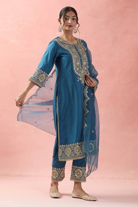 Shop Samyukta Singhania Teal Chanderi Silk, Silk, Organza Sequins, Embroidery Round Dori Kurta Pant Set Online at Aza Fashions Shop_Samyukta Singhania_Teal Chanderi Silk, Silk, Organza Sequins, Embroidery Round Dori Kurta Pant Set_Online_at_Aza_Fashions