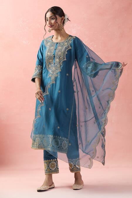 Samyukta Singhania Teal Chanderi Silk, Silk, Organza Sequins, Embroidery Round Dori Kurta Pant Set at Aza Fashions Samyukta Singhania_Teal Chanderi Silk, Silk, Organza Sequins, Embroidery Round Dori Kurta Pant Set_at_Aza_Fashions