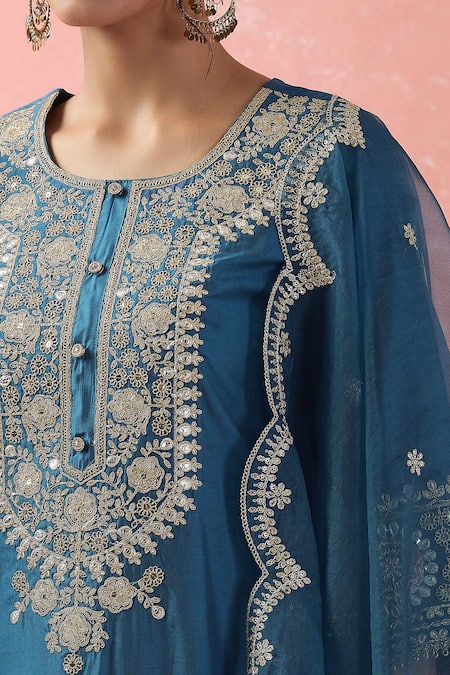 Buy Samyukta Singhania Teal Chanderi Silk, Silk, Organza Sequins, Embroidery Round Dori Kurta Pant Set Buy_Samyukta Singhania_Teal Chanderi Silk, Silk, Organza Sequins, Embroidery Round Dori Kurta Pant Set