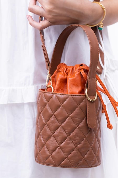 SG Collection By Sonia Gulrajani_Brown Embroidery Tan Quilted Bucket Bag_Online_at_Aza_Fashions
