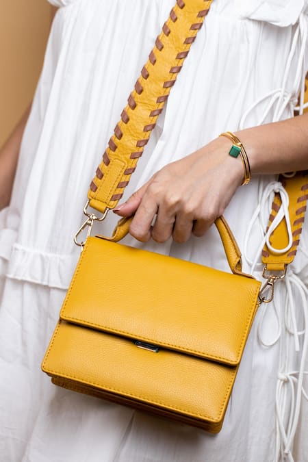 Shop_SG Collection By Sonia Gulrajani_Yellow Structured Leather Sling Bag _Online_at_Aza_Fashions