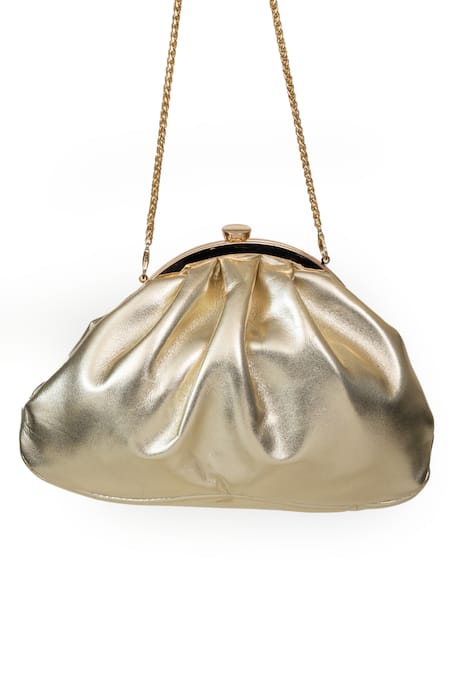 SG Collection By Sonia Gulrajani_Gold Leather Clutch With Sling Chain _Online_at_Aza_Fashions