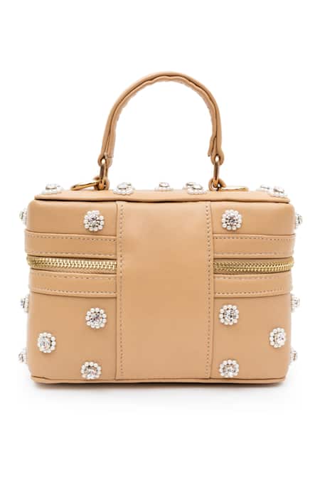 SG Collection By Sonia Gulrajani Beige Pearl & Stone Embroidered Handbag 