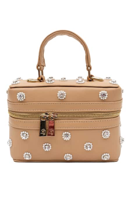 SG Collection By Sonia Gulrajani_Beige Pearls, Stones And Embroidered Handbag _Online_at_Aza_Fashions