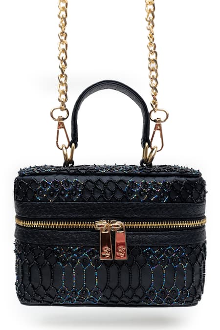 Shop_SG Collection By Sonia Gulrajani_Black Cut Work, Pearls And Cutdana Embroidered Handbag_Online_at_Aza_Fashions