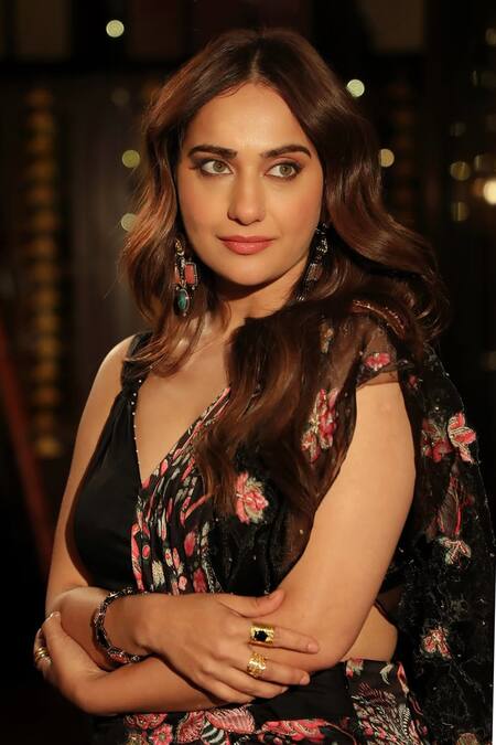 Shop Aditi Gupta Black Satin Printed And Embroidered Blossom Panelled Pre-draped Saree With Blouse Online at Aza Fashions Shop_Aditi Gupta_Black Satin Printed And Embroidered Blossom Panelled Pre-draped Saree With Blouse _Online_at_Aza_Fashions