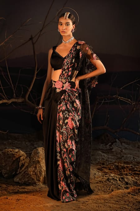 Aditi Gupta Black Satin Printed And Embroidered Blossom Panelled Pre-draped Saree With Blouse at Aza Fashions Aditi Gupta_Black Satin Printed And Embroidered Blossom Panelled Pre-draped Saree With Blouse _at_Aza_Fashions