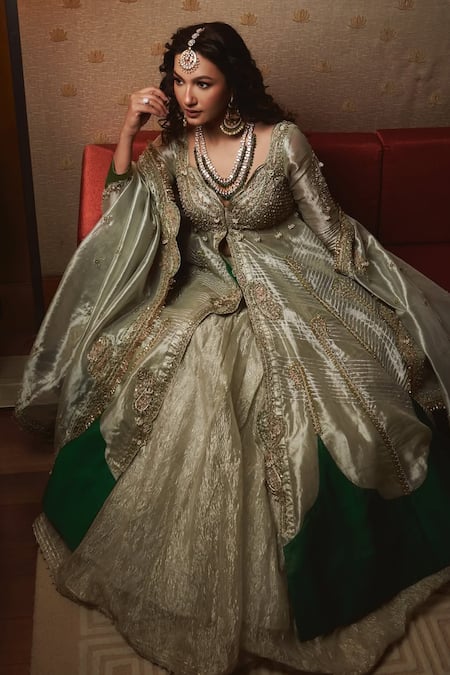 Aditi Gupta_Gold Silk Organza, Jacquard Pearls, Embroidery Round Neck Jacket With Skirt _at_Aza_Fashions