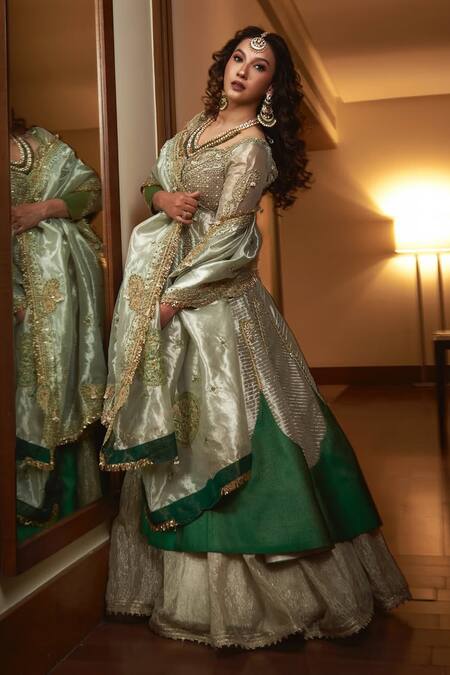 Buy_Aditi Gupta_Gold Silk Organza, Jacquard Pearls, Embroidery Round Neck Jacket With Skirt 