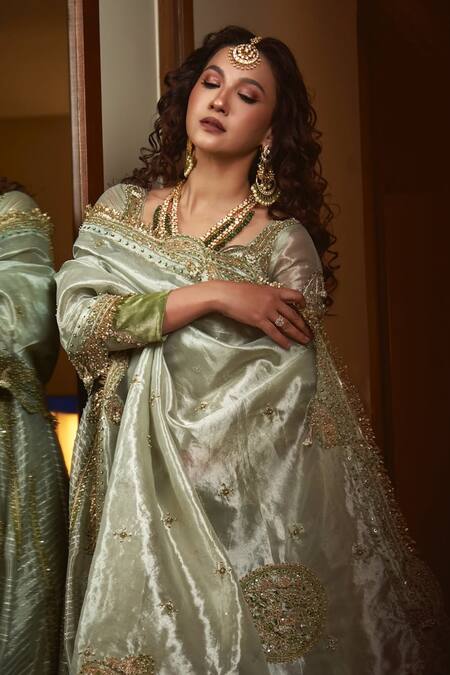 Shop_Aditi Gupta_Gold Silk Organza, Jacquard Pearls, Embroidery Round Neck Jacket With Skirt 