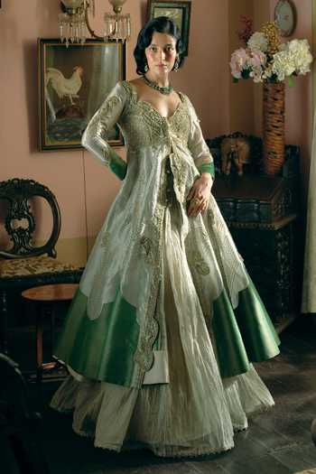 Shop_Aditi Gupta_Gold Silk Organza, Jacquard Pearls, Embroidery Round Neck Jacket With Skirt _Online_at_Aza_Fashions
