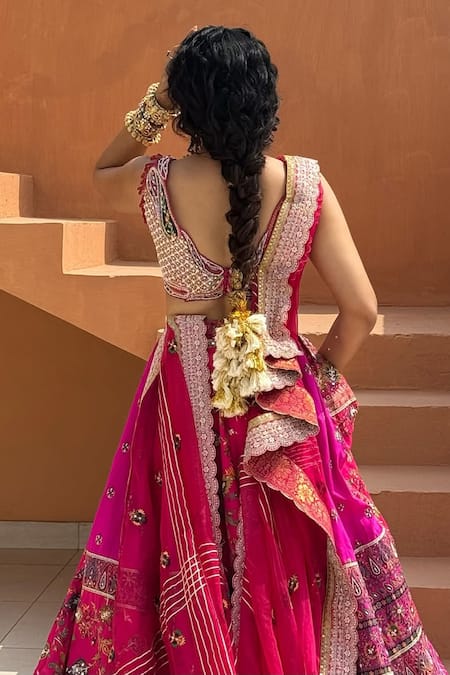 Shop_Aditi Gupta_Pink Silk Organza, Jacquard Paisley Zardosi Embroidered Bridal Lehenga Set 