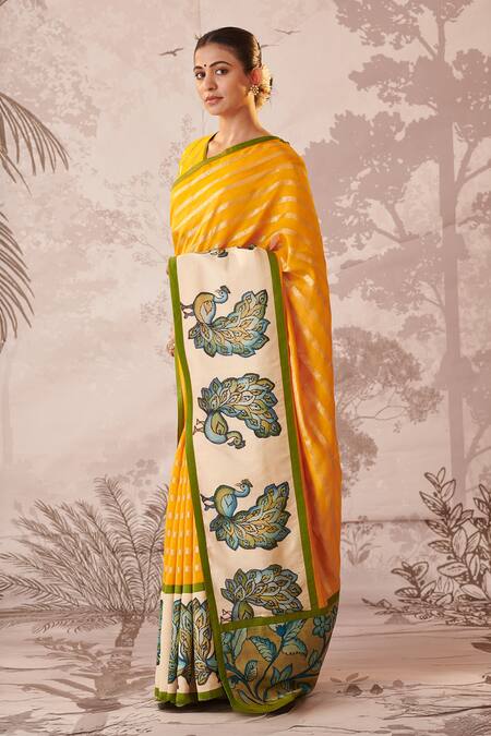 Aamra By Lavanya_Yellow Silk, Chanderi Embroidery, Kalamkari Hand Painted Saree And Blouse Set _Online_at_Aza_Fashions