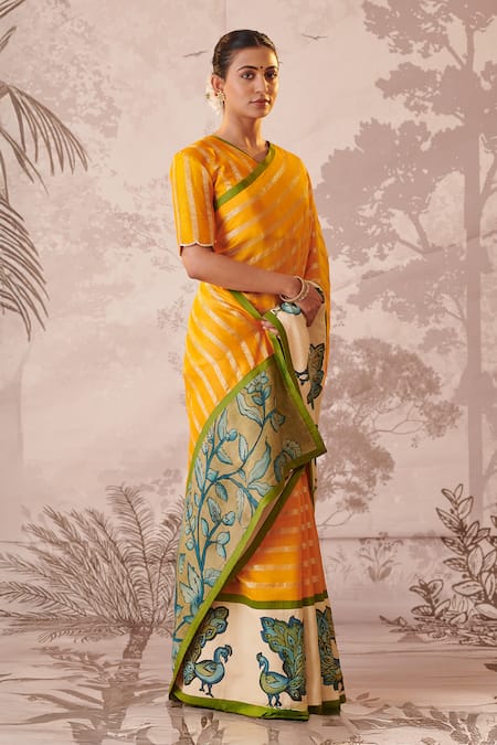 Buy_Aamra By Lavanya_Yellow Silk, Chanderi Embroidery, Kalamkari Hand Painted Saree And Blouse Set _Online_at_Aza_Fashions