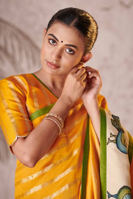 Shop_Aamra By Lavanya_Yellow Silk, Chanderi Embroidery, Kalamkari Hand Painted Saree And Blouse Set _Online_at_Aza_Fashions