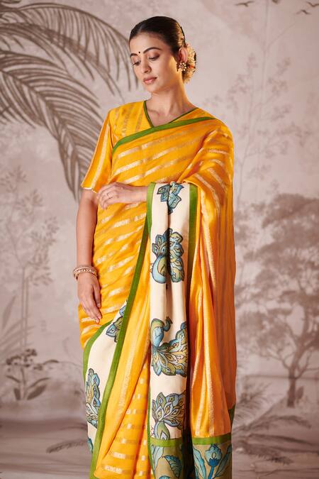 Aamra By Lavanya_Yellow Silk, Chanderi Embroidery, Kalamkari Hand Painted Saree And Blouse Set _at_Aza_Fashions