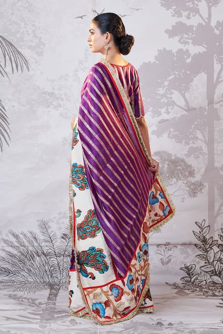 Shop Aamra By Lavanya Purple Silk, Chanderi Sequins, Embroidery, Zari Hand Painted Kalamkari Saree Set at Aza Fashions Shop_Aamra By Lavanya_Purple Silk, Chanderi Sequins, Embroidery, Zari Hand Painted Kalamkari Saree Set _at_Aza_Fashions
