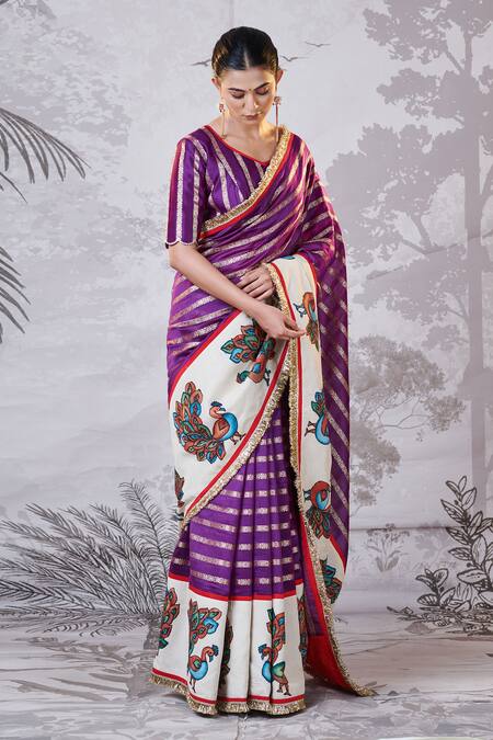 Aamra By Lavanya Purple Silk, Chanderi Sequins, Embroidery, Zari Hand Painted Kalamkari Saree Set Online at Aza Fashions Aamra By Lavanya_Purple Silk, Chanderi Sequins, Embroidery, Zari Hand Painted Kalamkari Saree Set _Online_at_Aza_Fashions