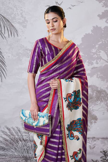 Buy Aamra By Lavanya Purple Silk, Chanderi Sequins, Embroidery, Zari Hand Painted Kalamkari Saree Set Online at Aza Fashions Buy_Aamra By Lavanya_Purple Silk, Chanderi Sequins, Embroidery, Zari Hand Painted Kalamkari Saree Set _Online_at_Aza_Fashions