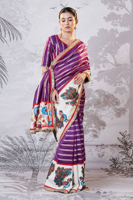 Shop Aamra By Lavanya Purple Silk, Chanderi Sequins, Embroidery, Zari Hand Painted Kalamkari Saree Set Online at Aza Fashions Shop_Aamra By Lavanya_Purple Silk, Chanderi Sequins, Embroidery, Zari Hand Painted Kalamkari Saree Set _Online_at_Aza_Fashions
