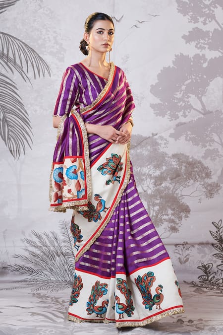 Aamra By Lavanya Purple Silk, Chanderi Sequins, Embroidery, Zari Hand Painted Kalamkari Saree Set at Aza Fashions Aamra By Lavanya_Purple Silk, Chanderi Sequins, Embroidery, Zari Hand Painted Kalamkari Saree Set _at_Aza_Fashions