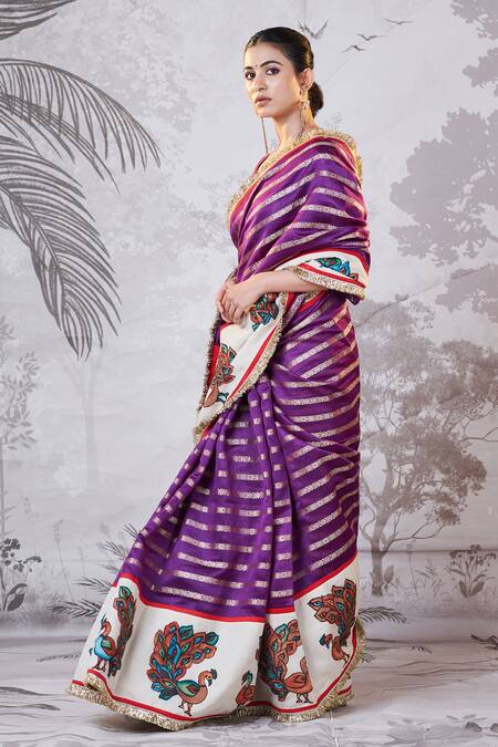 Buy Aamra By Lavanya Purple Silk, Chanderi Sequins, Embroidery, Zari Hand Painted Kalamkari Saree Set Buy_Aamra By Lavanya_Purple Silk, Chanderi Sequins, Embroidery, Zari Hand Painted Kalamkari Saree Set