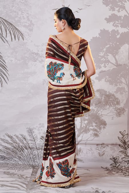 Shop Aamra By Lavanya Brown Silk, Chanderi Sequins, Embroidery, Zari Hand Painted Kalamkari Saree Set at Aza Fashions Shop_Aamra By Lavanya_Brown Silk, Chanderi Sequins, Embroidery, Zari Hand Painted Kalamkari Saree Set _at_Aza_Fashions