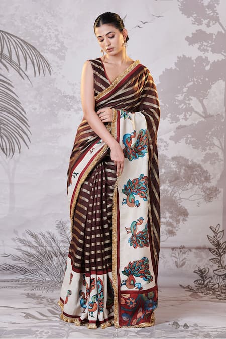 Aamra By Lavanya Brown Silk, Chanderi Sequins, Embroidery, Zari Hand Painted Kalamkari Saree Set Online at Aza Fashions Aamra By Lavanya_Brown Silk, Chanderi Sequins, Embroidery, Zari Hand Painted Kalamkari Saree Set _Online_at_Aza_Fashions