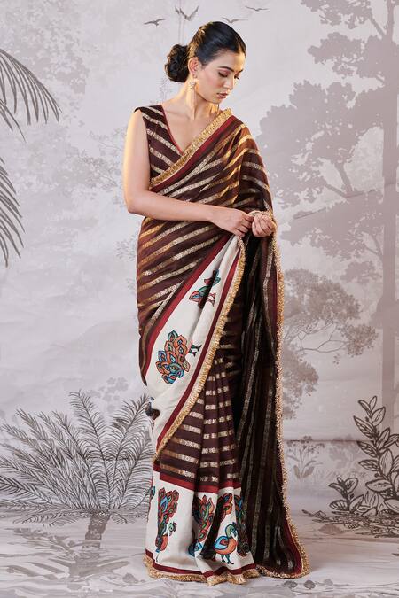 Buy Aamra By Lavanya Brown Silk, Chanderi Sequins, Embroidery, Zari Hand Painted Kalamkari Saree Set Online at Aza Fashions Buy_Aamra By Lavanya_Brown Silk, Chanderi Sequins, Embroidery, Zari Hand Painted Kalamkari Saree Set _Online_at_Aza_Fashions