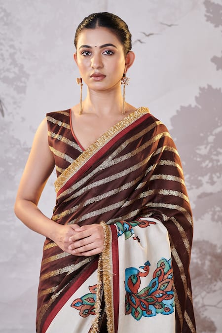 Shop Aamra By Lavanya Brown Silk, Chanderi Sequins, Embroidery, Zari Hand Painted Kalamkari Saree Set Online at Aza Fashions Shop_Aamra By Lavanya_Brown Silk, Chanderi Sequins, Embroidery, Zari Hand Painted Kalamkari Saree Set _Online_at_Aza_Fashions
