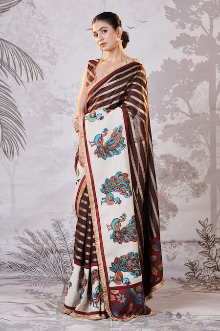 Aamra By Lavanya Brown Silk, Chanderi Sequins, Embroidery, Zari Hand Painted Kalamkari Saree Set at Aza Fashions Aamra By Lavanya_Brown Silk, Chanderi Sequins, Embroidery, Zari Hand Painted Kalamkari Saree Set _at_Aza_Fashions