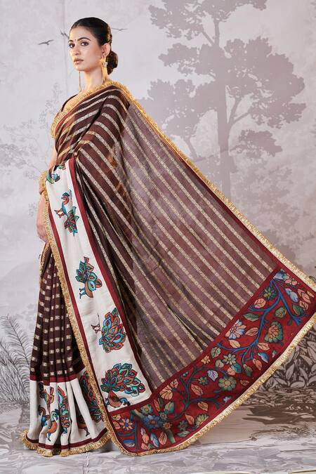 Buy Aamra By Lavanya Brown Silk, Chanderi Sequins, Embroidery, Zari Hand Painted Kalamkari Saree Set Buy_Aamra By Lavanya_Brown Silk, Chanderi Sequins, Embroidery, Zari Hand Painted Kalamkari Saree Set