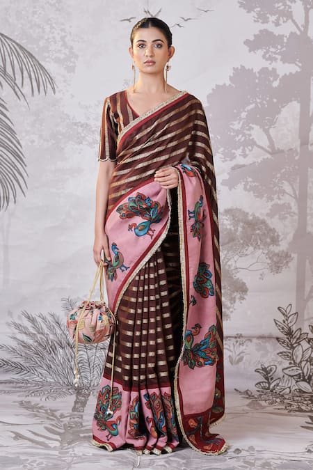 Aamra By Lavanya Brown Silk, Chanderi Embroidery, Sequins Plunge Hand Painted Kalamkari Saree Set Online at Aza Fashions Aamra By Lavanya_Brown Silk, Chanderi Embroidery, Sequins Plunge Hand Painted Kalamkari Saree Set _Online_at_Aza_Fashions