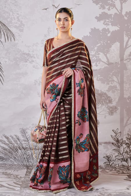Buy Aamra By Lavanya Brown Silk, Chanderi Embroidery, Sequins Plunge Hand Painted Kalamkari Saree Set Online at Aza Fashions Buy_Aamra By Lavanya_Brown Silk, Chanderi Embroidery, Sequins Plunge Hand Painted Kalamkari Saree Set _Online_at_Aza_Fashions