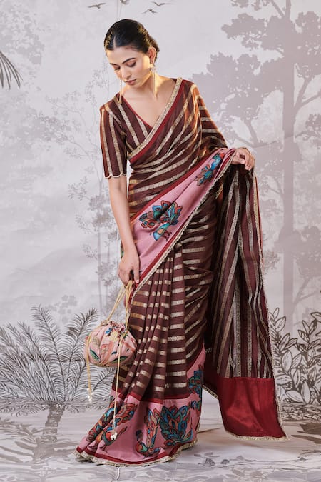 Shop Aamra By Lavanya Brown Silk, Chanderi Embroidery, Sequins Plunge Hand Painted Kalamkari Saree Set Online at Aza Fashions Shop_Aamra By Lavanya_Brown Silk, Chanderi Embroidery, Sequins Plunge Hand Painted Kalamkari Saree Set _Online_at_Aza_Fashions
