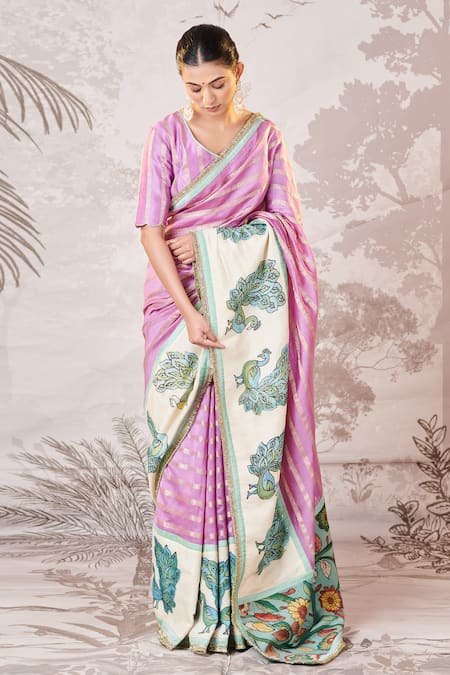 Shop Aamra By Lavanya Purple Silk, Chanderi Embroidery, Sequins, Kalamkari Peacock Motif Saree Set at Aza Fashions Shop_Aamra By Lavanya_Purple Silk, Chanderi Embroidery, Sequins, Kalamkari Peacock Motif Saree Set _at_Aza_Fashions