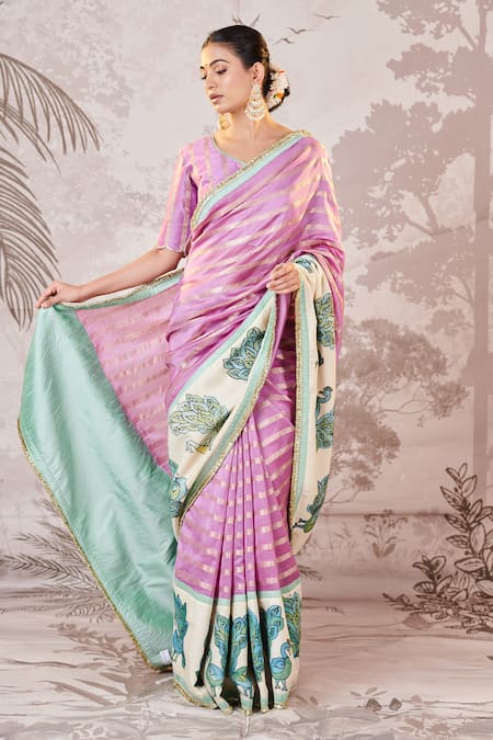 Aamra By Lavanya Purple Silk, Chanderi Embroidery, Sequins, Kalamkari Peacock Motif Saree Set Online at Aza Fashions Aamra By Lavanya_Purple Silk, Chanderi Embroidery, Sequins, Kalamkari Peacock Motif Saree Set _Online_at_Aza_Fashions