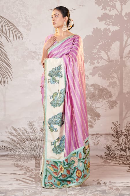 Buy Aamra By Lavanya Purple Silk, Chanderi Embroidery, Sequins, Kalamkari Peacock Motif Saree Set Online at Aza Fashions Buy_Aamra By Lavanya_Purple Silk, Chanderi Embroidery, Sequins, Kalamkari Peacock Motif Saree Set _Online_at_Aza_Fashions