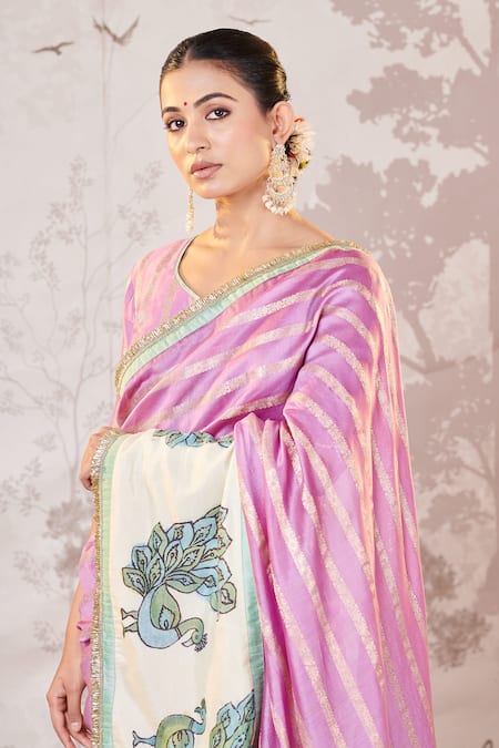 Shop Aamra By Lavanya Purple Silk, Chanderi Embroidery, Sequins, Kalamkari Peacock Motif Saree Set Online at Aza Fashions Shop_Aamra By Lavanya_Purple Silk, Chanderi Embroidery, Sequins, Kalamkari Peacock Motif Saree Set _Online_at_Aza_Fashions